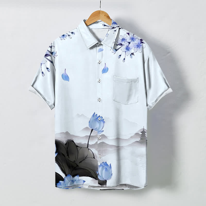 Buddha Stones Lotus Mountain Pagoda Pattern Buttons Wrinkle-resistant Men's Short Sleeve Shirt - AliceBlue - US/UK/AU48，EU58 (4XL) - image 6