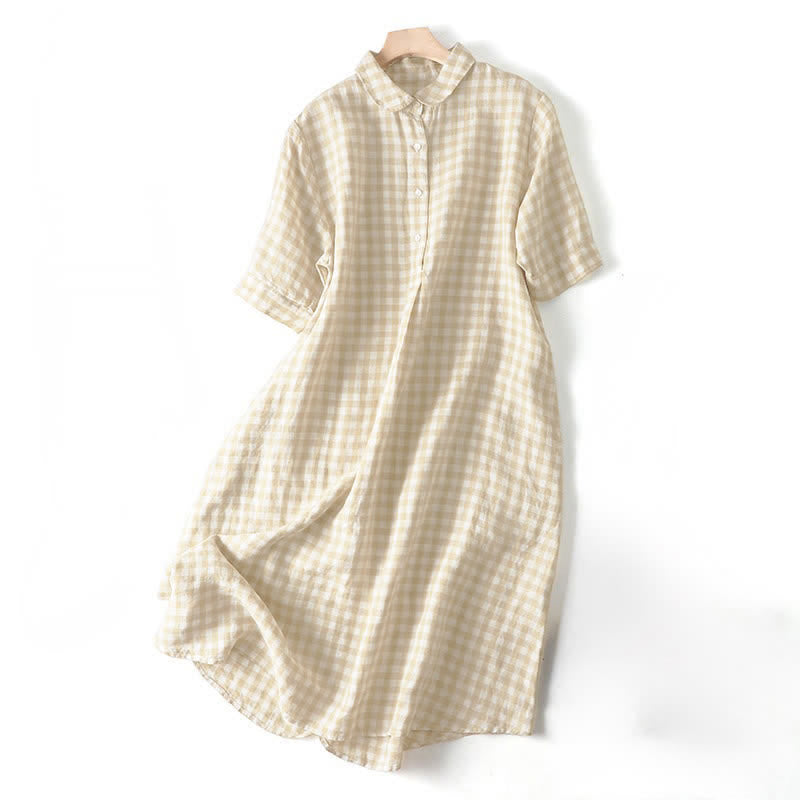 Buddha Stones Summer Casual Vintage Button-Up Plaid Women's Short Sleeve Dresses - Wheat - US8-10，UK/AU12-14，EU40-42 (2XL) - image 0