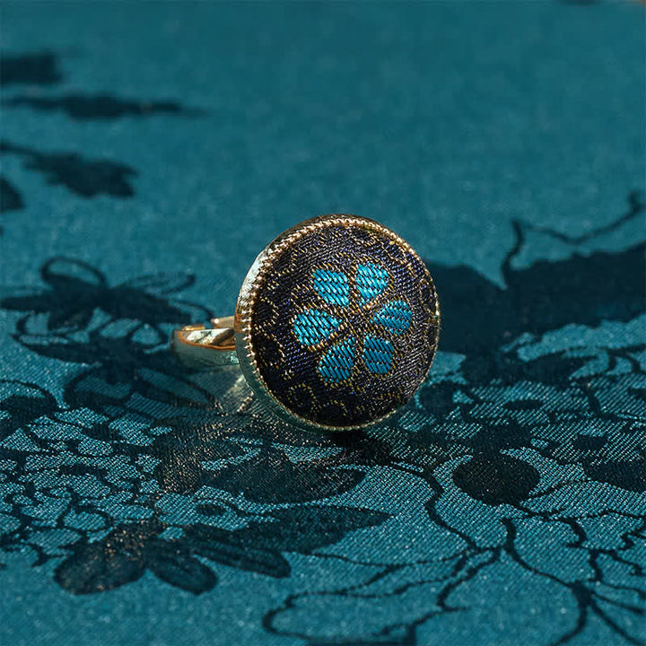 Buddha Stones Handmade Song Brocade Floral Pattern Blessing Adjustable Round Ring - Black Blue(Same Color Tone – Pattern Varies) - Adjustable - image 0
