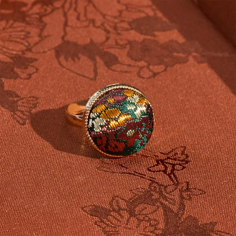 Buddha Stones Song Brocade Embroidered Round Elegance Ring - Dark Green(Same Color Tone – Pattern Varies) - image 0
