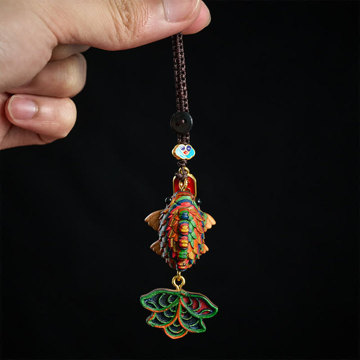 Buddha Stones Hand-carved Rainbow Eucalyptus Colorful Koi Fish Wealth Charm Keychains - image 4