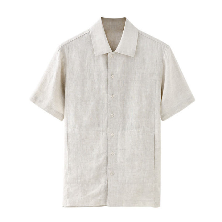 Buddha Stones Summer Minimalist Button-Up Solid Cotton Linen Men's Short Sleeve Shirts With Pocket - image 5