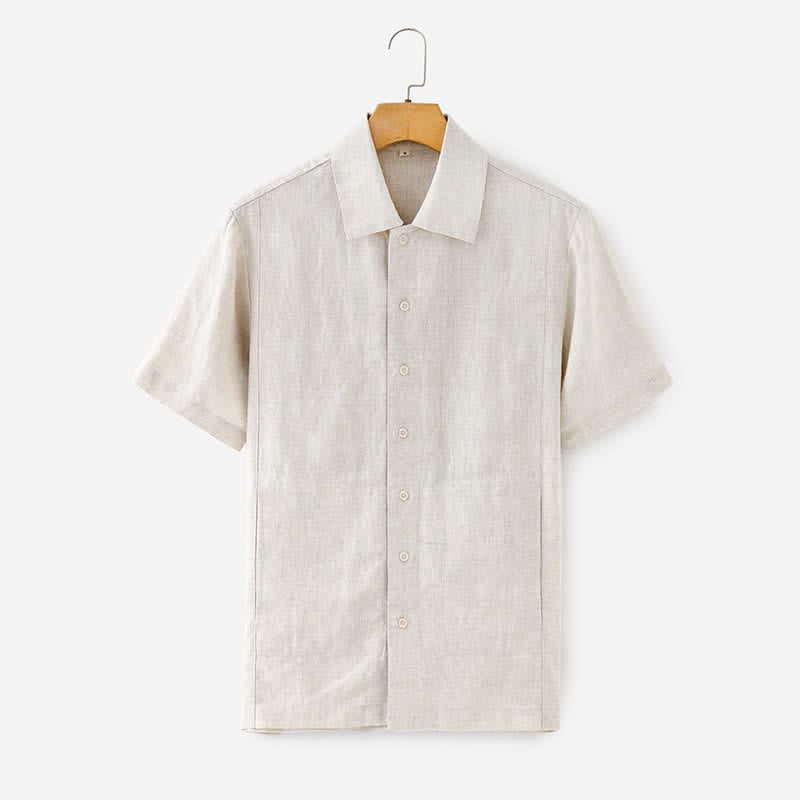 Buddha Stones Summer Minimalist Button-Up Solid Cotton Linen Men's Short Sleeve Shirts With Pocket - Linen - US/UK/AU40，EU50 (2XL) - image 1