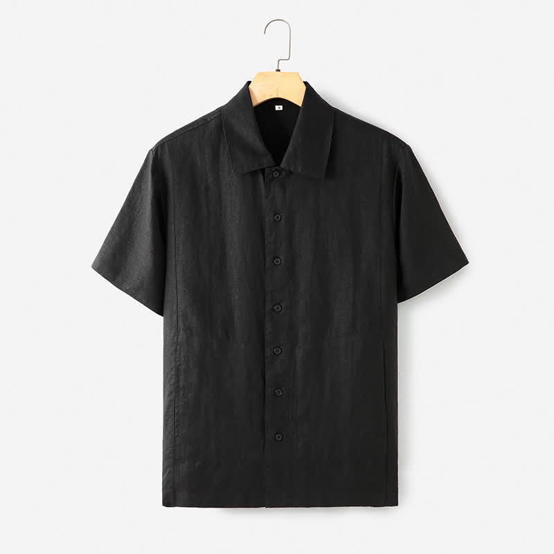 Buddha Stones Summer Minimalist Button-Up Solid Cotton Linen Men's Short Sleeve Shirts With Pocket - Black - US/UK/AU40，EU50 (2XL) - image 0