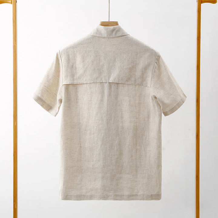 Buddha Stones Summer Minimalist Button-Up Solid Cotton Linen Men's Short Sleeve Shirts With Pocket - image 4