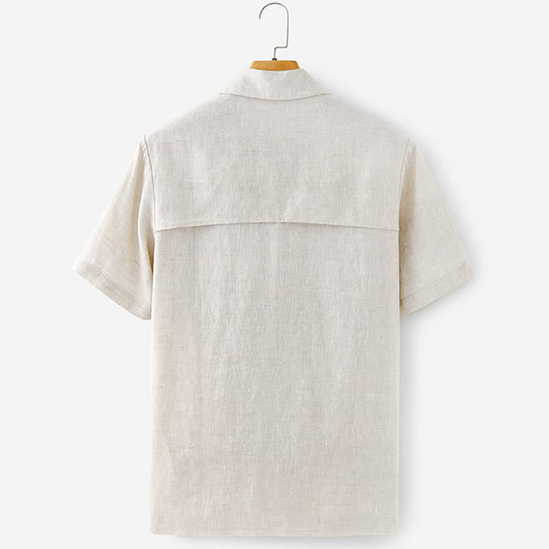Buddha Stones Summer Minimalist Button-Up Solid Cotton Linen Men's Short Sleeve Shirts With Pocket - image 2