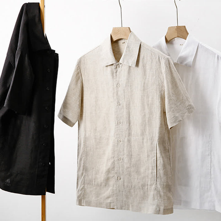 Buddha Stones Summer Minimalist Button-Up Solid Cotton Linen Men's Short Sleeve Shirts With Pocket - image 23
