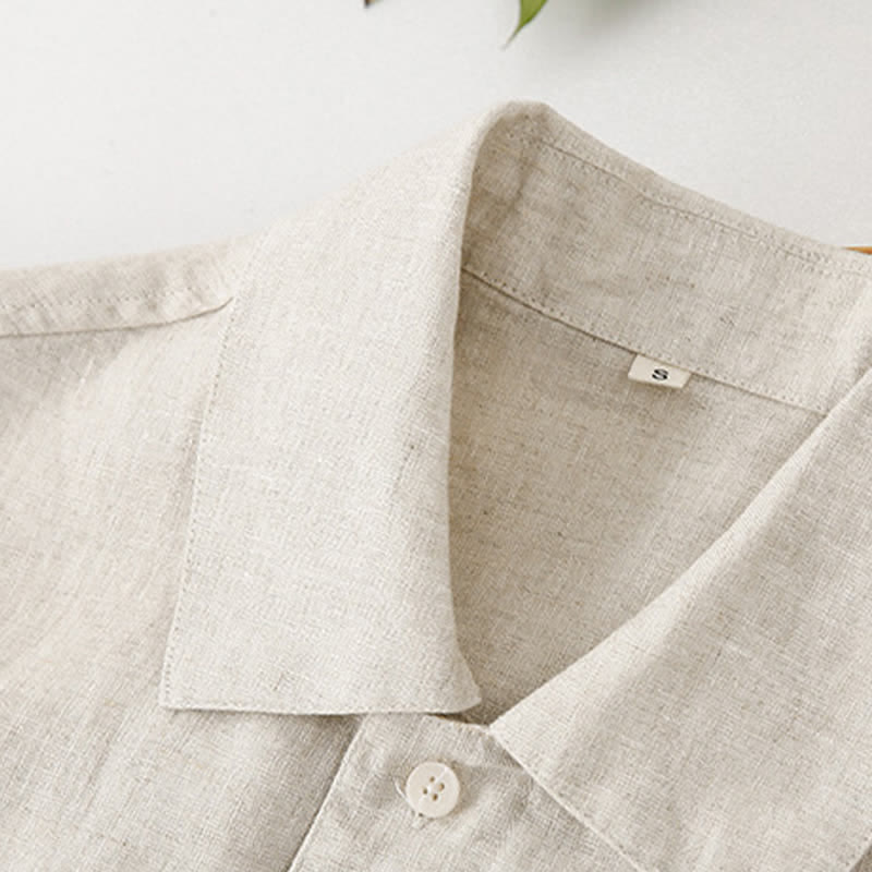 Buddha Stones Summer Minimalist Button-Up Solid Cotton Linen Men's Short Sleeve Shirts With Pocket - image 9
