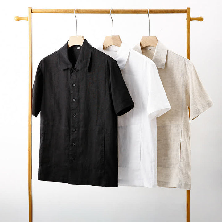 Buddha Stones Summer Minimalist Button-Up Solid Cotton Linen Men's Short Sleeve Shirts With Pocket - image 22