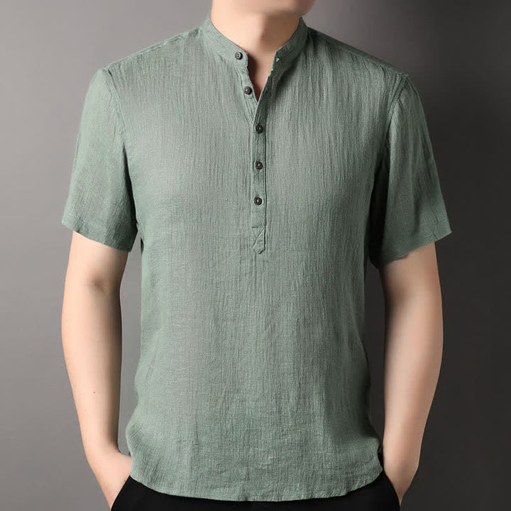 Buddha Stones Summer Casual Tang Style Mandarin Collar Solid Linen Men's Short Sleeve Shirts - DarkSeaGreen - US/UK/AU44，EU54 (4XL) - image 16