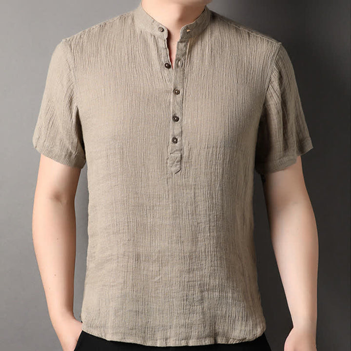 Buddha Stones Summer Casual Tang Style Mandarin Collar Solid Linen Men's Short Sleeve Shirts - image 4