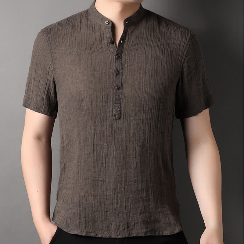 Buddha Stones Summer Casual Tang Style Mandarin Collar Solid Linen Men's Short Sleeve Shirts - image 15