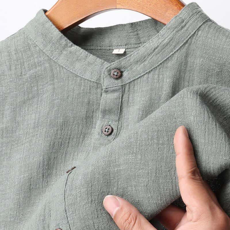 Buddha Stones Summer Casual Tang Style Mandarin Collar Solid Linen Men's Short Sleeve Shirts - image 20