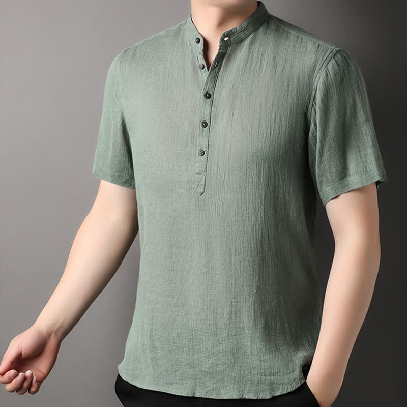 Buddha Stones Summer Casual Tang Style Mandarin Collar Solid Linen Men's Short Sleeve Shirts - image 19
