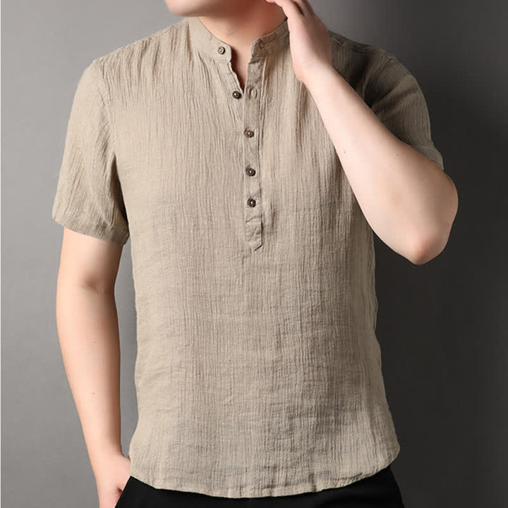 Buddha Stones Summer Casual Tang Style Mandarin Collar Solid Linen Men's Short Sleeve Shirts - image 1