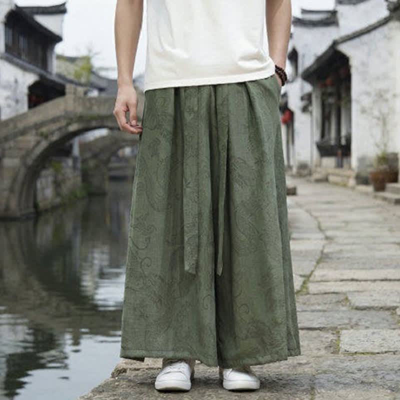 Buddha Stones Summer Casual Tang Style Drawstring Dragon Ankle Pants Men's Wide Leg Pants - image 1