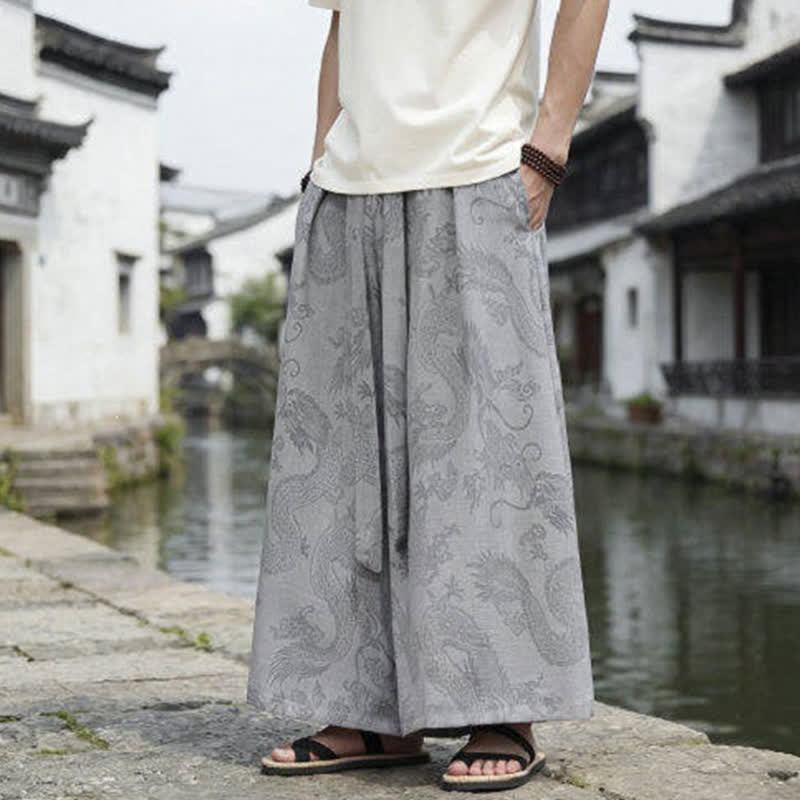 Buddha Stones Summer Casual Tang Style Drawstring Dragon Ankle Pants Men's Wide Leg Pants - image 26