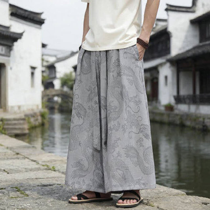 Buddha Stones Summer Casual Tang Style Drawstring Dragon Ankle Pants Men's Wide Leg Pants - image 26