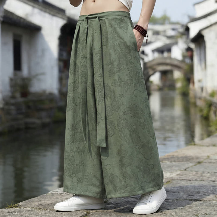 Buddha Stones Summer Casual Tang Style Drawstring Dragon Ankle Pants Men's Wide Leg Pants - image 2