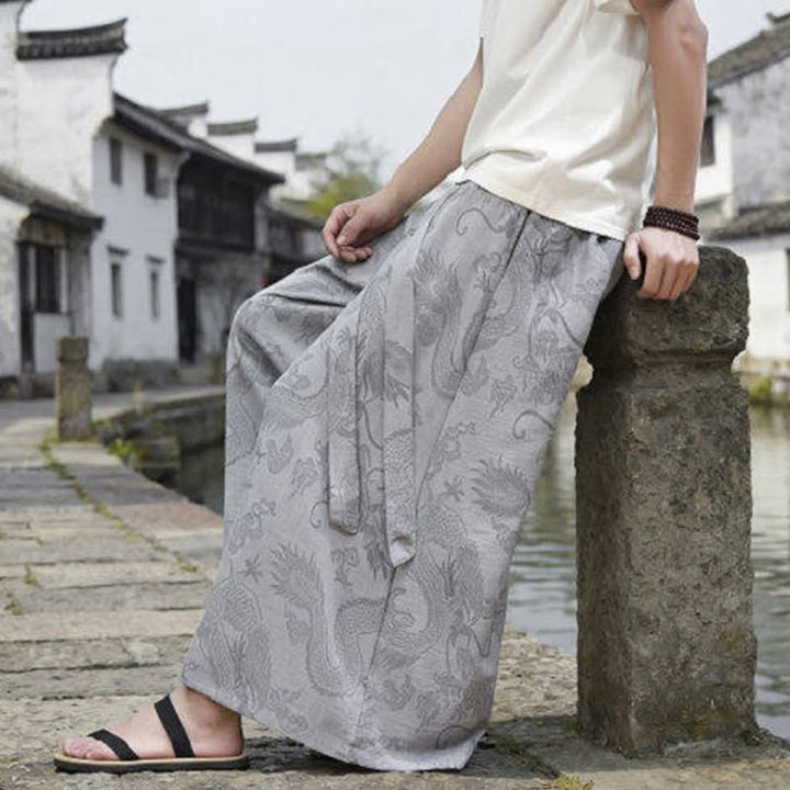 Buddha Stones Summer Casual Tang Style Drawstring Dragon Ankle Pants Men's Wide Leg Pants - image 31