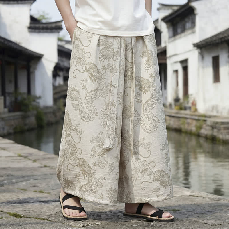 Buddha Stones Summer Casual Tang Style Drawstring Dragon Ankle Pants Men's Wide Leg Pants - image 37