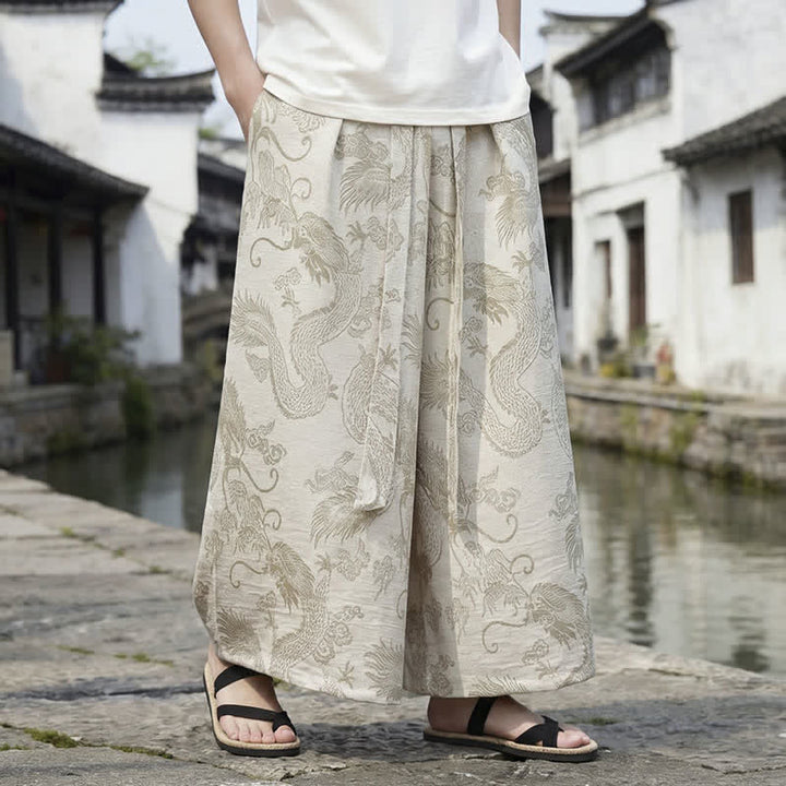 Buddha Stones Summer Casual Tang Style Drawstring Dragon Ankle Pants Men's Wide Leg Pants - image 37