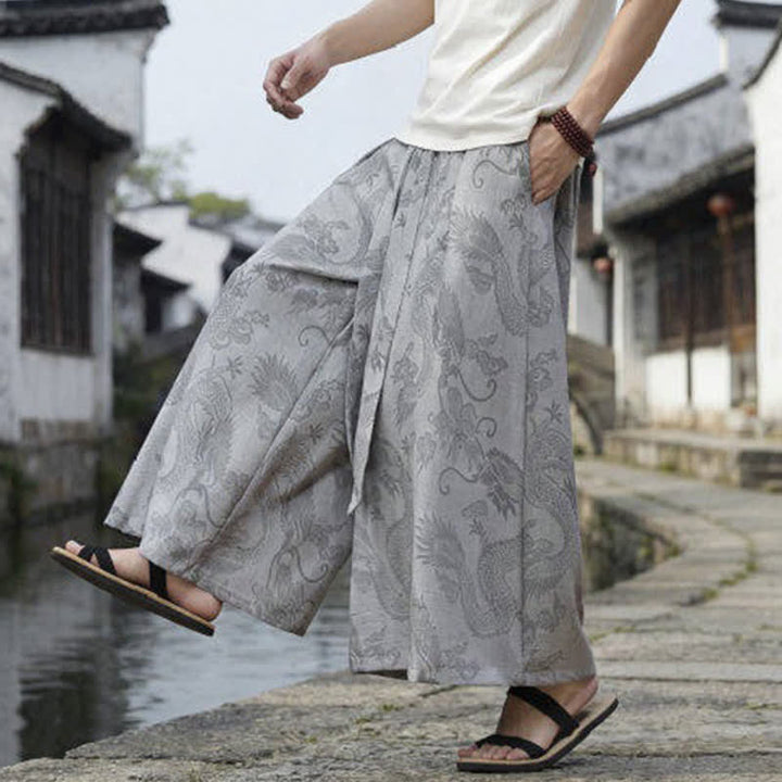 Buddha Stones Summer Casual Tang Style Drawstring Dragon Ankle Pants Men's Wide Leg Pants - image 32
