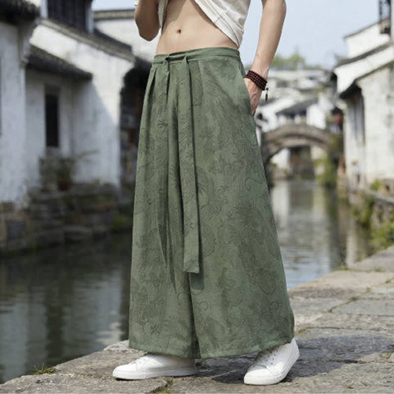 Buddha Stones Summer Casual Tang Style Drawstring Dragon Ankle Pants Men's Wide Leg Pants - Olive - US/UK/AU46，EU56 (5XL) - image 0