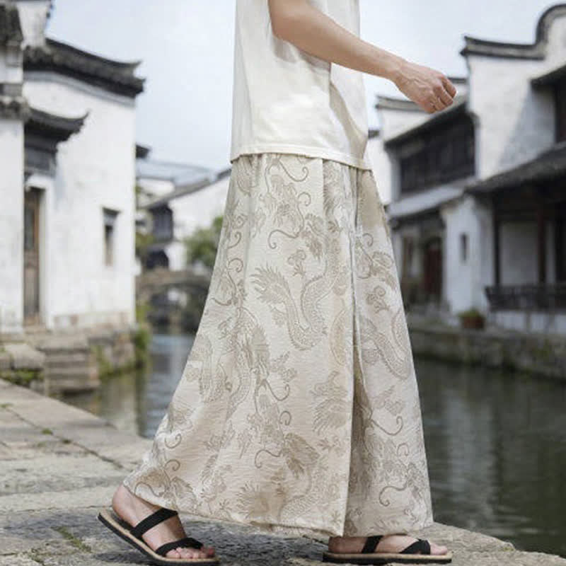 Buddha Stones Summer Casual Tang Style Drawstring Dragon Ankle Pants Men's Wide Leg Pants - image 36