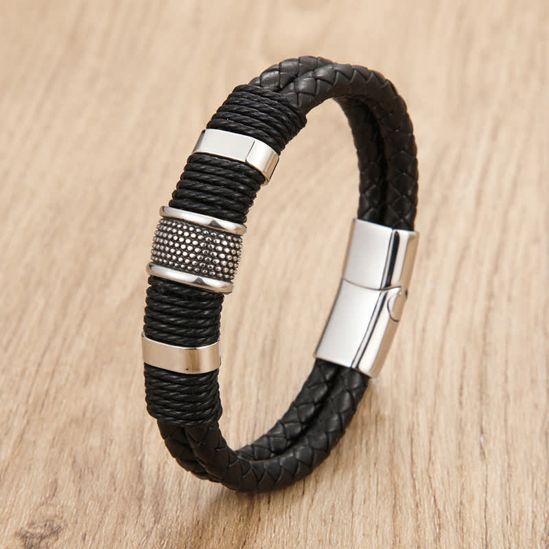 Buddha Stones Leather Hand-Woven Strength Double Layer Braided Bracelet - Silver - 7.9–8.3 in (20–21 cm) - image 0