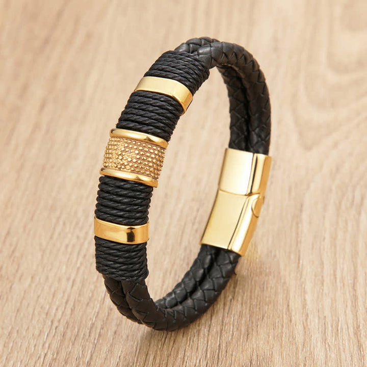 Buddha Stones Leather Hand-Woven Strength Double Layer Braided Bracelet - Gold - 7.9–8.3 in (20–21 cm) - image 6