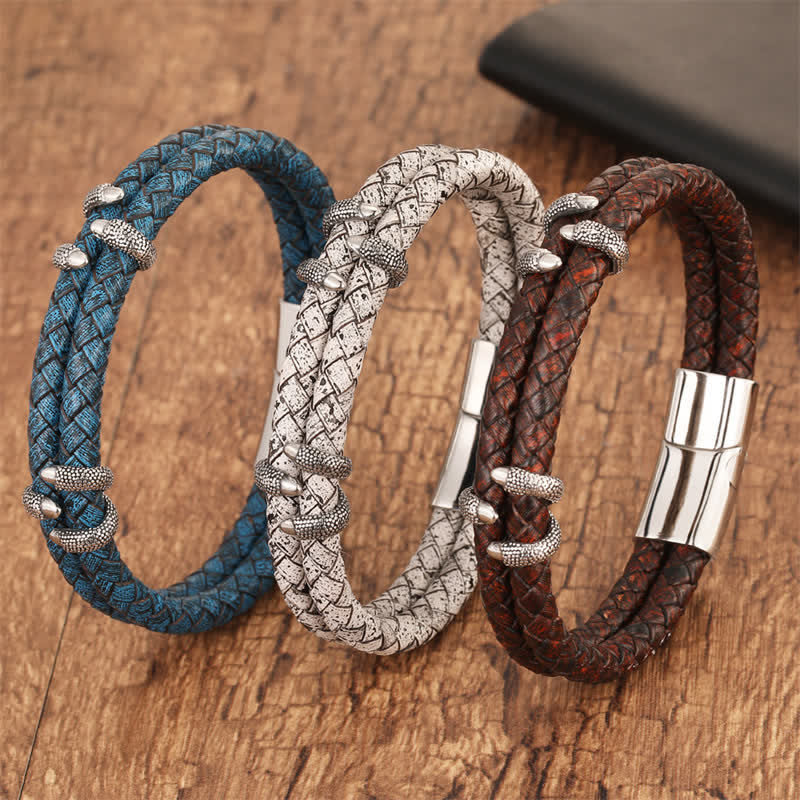 Buddha Stones Braided Leather Dragon Claw Strength Stainless Steel Bracelet - image 11