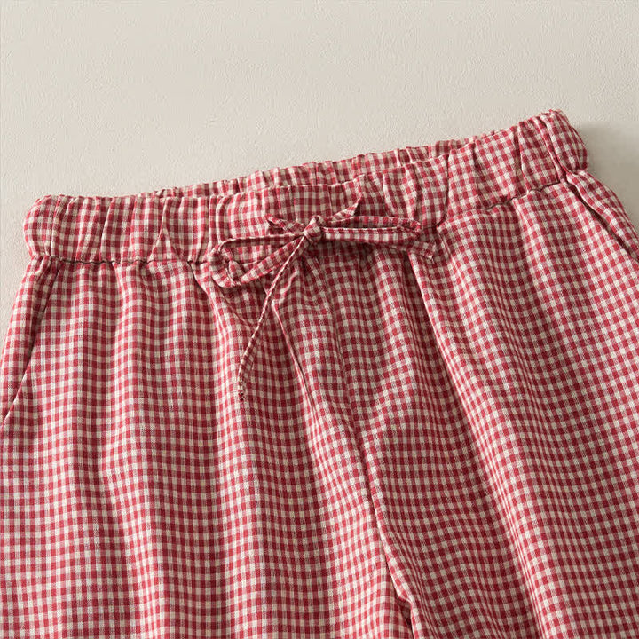 Buddha Stones Summer Vintage Drawstring Plaid Cotton Women's Shorts - image 2