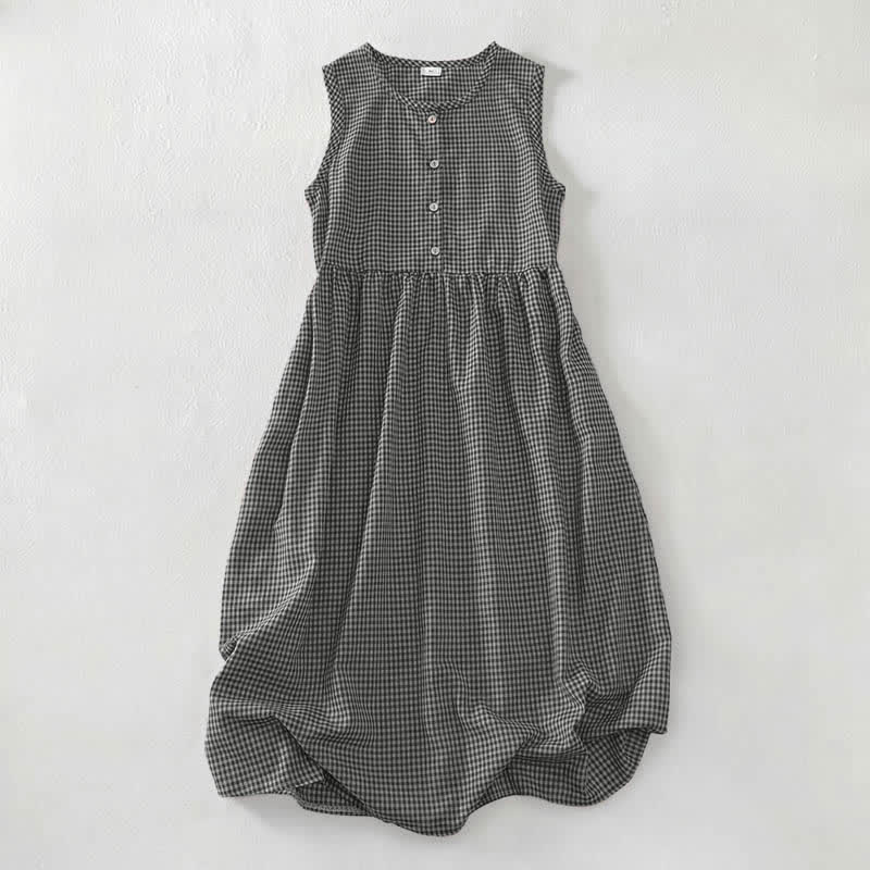 Buddha Stones Summer Vintage Button-Up Plaid Crew Neck Cotton Women's Summer Sleeveless Dress With Pocket - Black - US16，UK/AU20，EU48 (3XL) - image 8