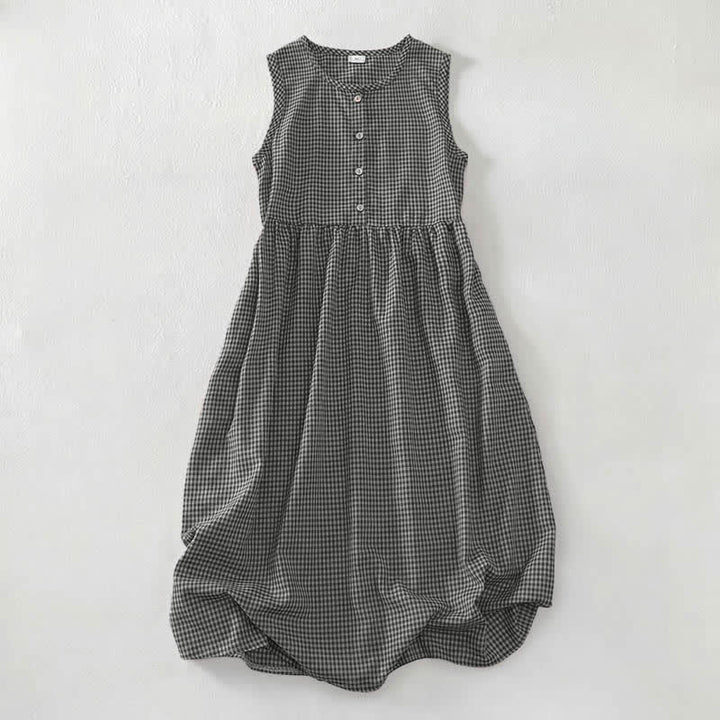 Buddha Stones Summer Vintage Button-Up Plaid Crew Neck Cotton Women's Summer Sleeveless Dress With Pocket - Black - US16，UK/AU20，EU48 (3XL) - image 8