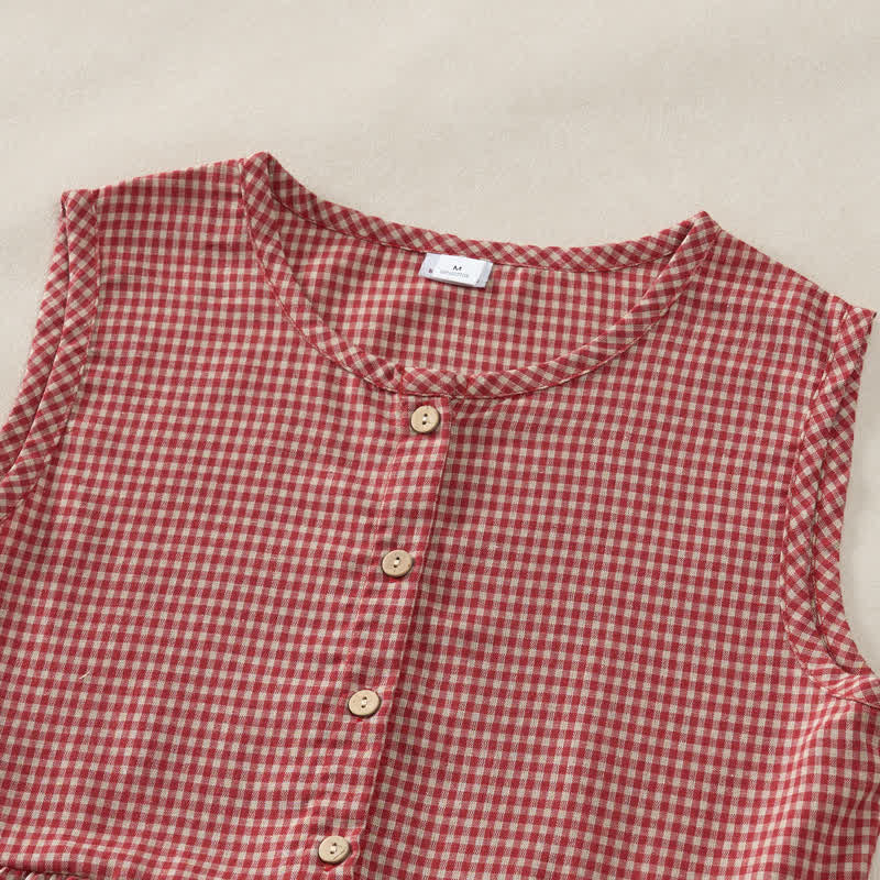 Buddha Stones Summer Vintage Button-Up Plaid Crew Neck Cotton Women's Summer Sleeveless Dress With Pocket - image 1