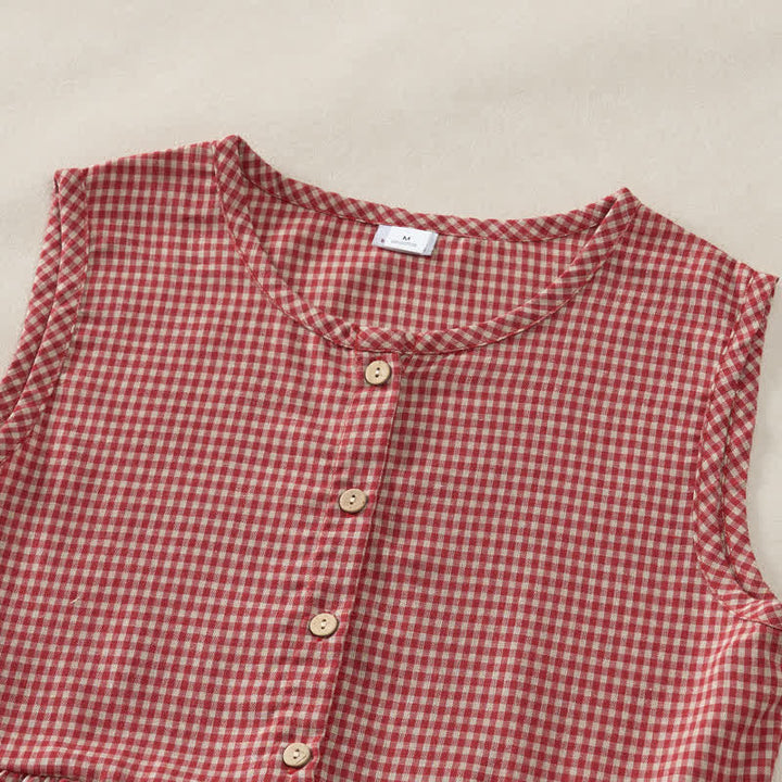 Buddha Stones Summer Vintage Button-Up Plaid Crew Neck Cotton Women's Summer Sleeveless Dress With Pocket - image 1
