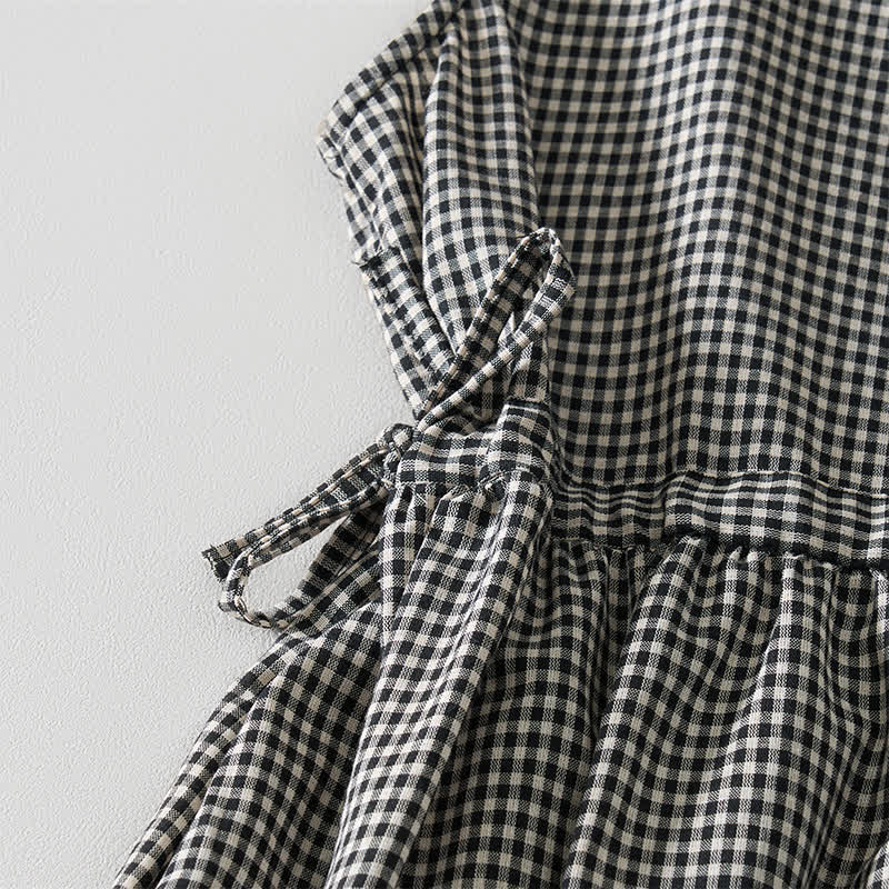Buddha Stones Summer Vintage Drawstring Plaid Cotton Women's Summer Sleeveless Dress With Pockets - image 3