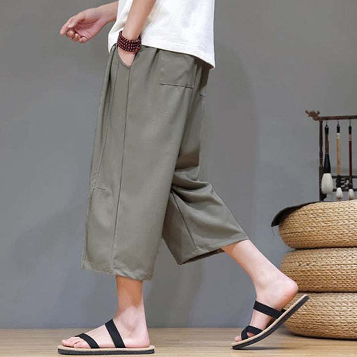Buddha Stones Summer Casual Minimalist Drawstring Solid Men's Cropped Pants With Pocket - image 7