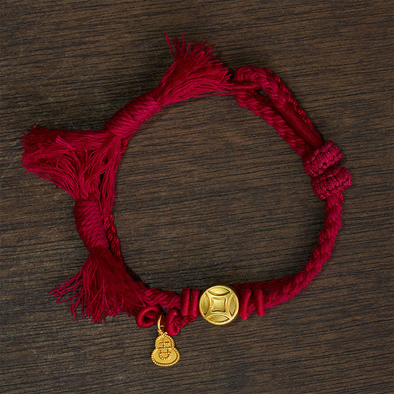 Buddha Stones Alloy Chinese Coin Gourd Pendant Wealth Double-Strand Red String Bracelet - image 1