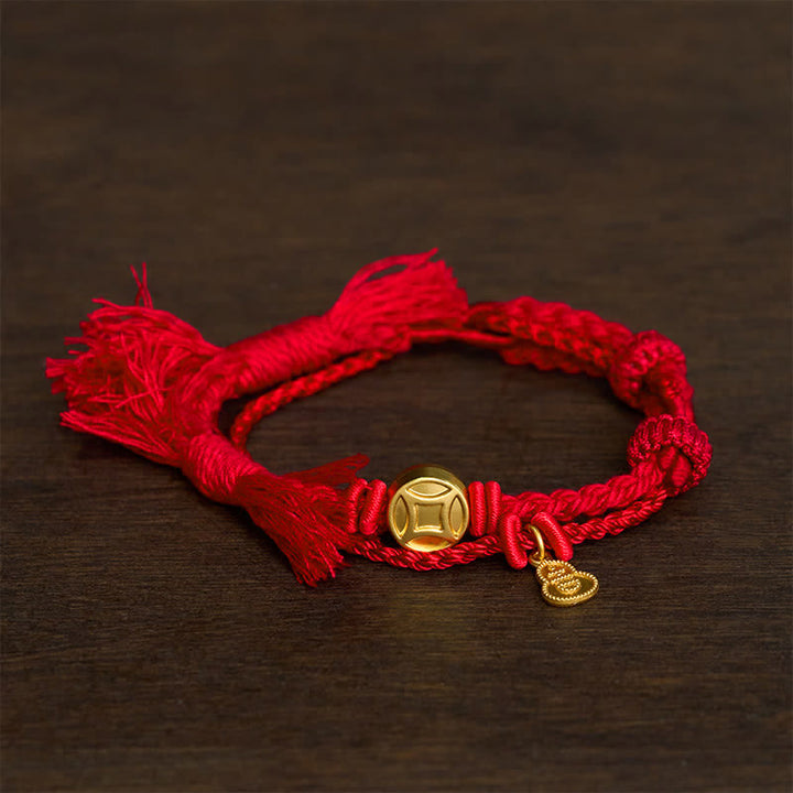 Buddha Stones Alloy Chinese Coin Gourd Pendant Wealth Double-Strand Red String Bracelet - red - image 4