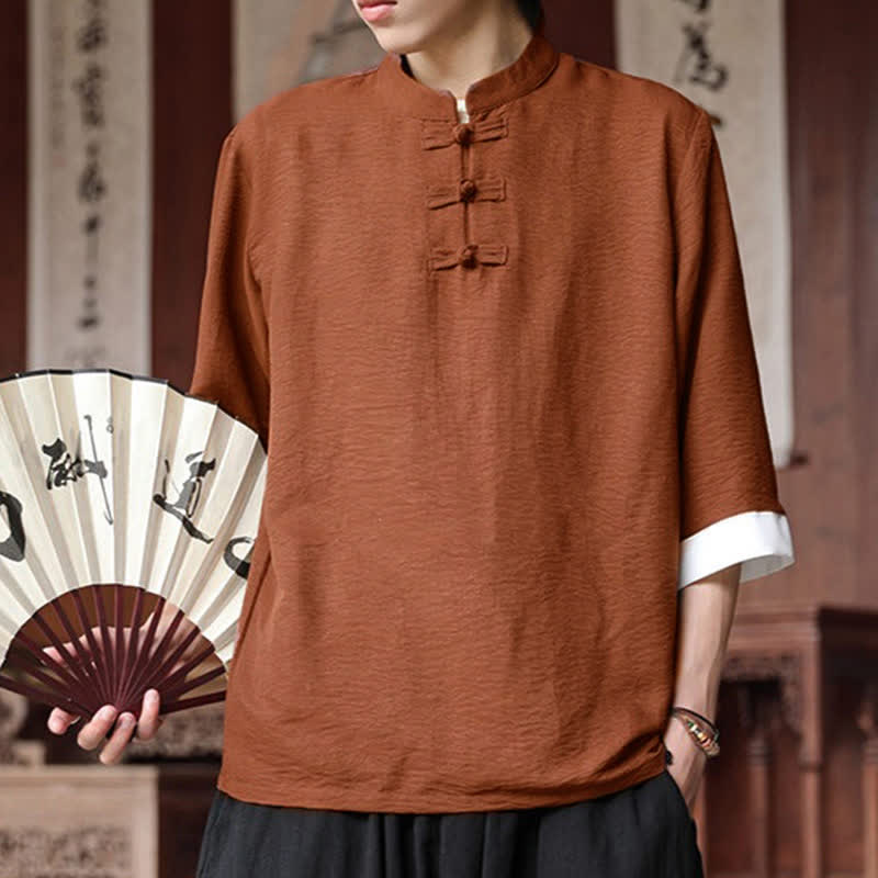 Buddha Stones Summer Tang Style Vintage Mandarin Collar Frog Button Solid Men's Elbow-Length Sleeve Shirts - image 21