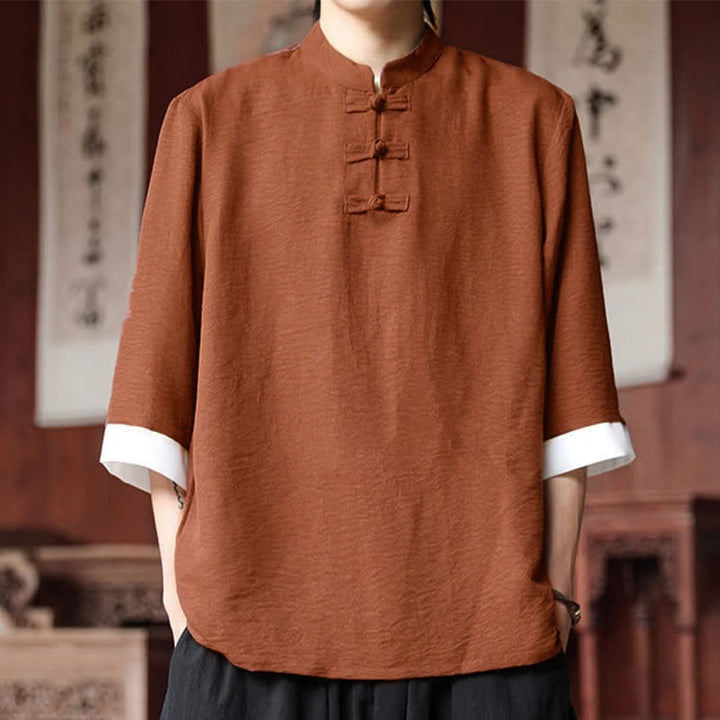 Buddha Stones Summer Tang Style Vintage Mandarin Collar Frog Button Solid Men's Elbow-Length Sleeve Shirts - Chocolate - US/UK/AU46, EU56 (5XL) - image 19
