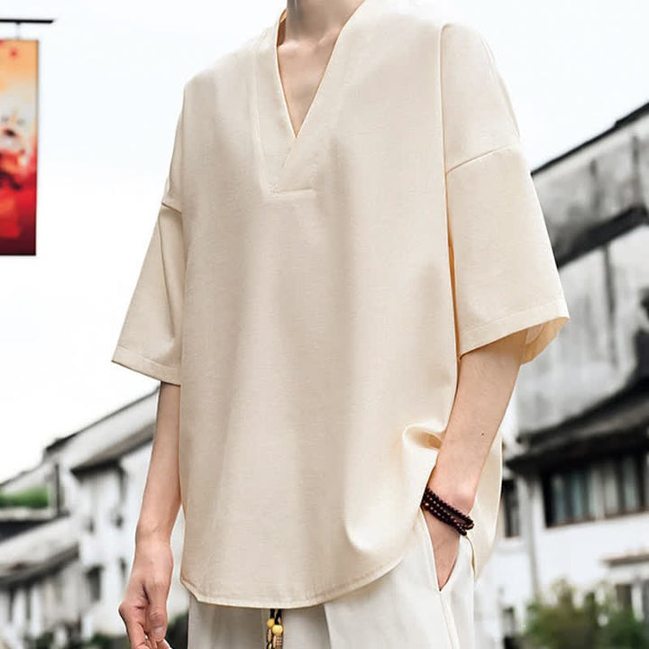 Buddha Stones Summer Minimalist Casual Side Slit Solid Men's Short Sleeve T-Shirts - Beige - US/UK/AU46, EU56 (5XL) - image 0