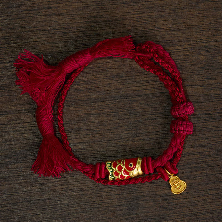 Buddha Stones Alloy Koi Fish Gourd Pendant Success Retro Double-Strand String Bracelet - image 1