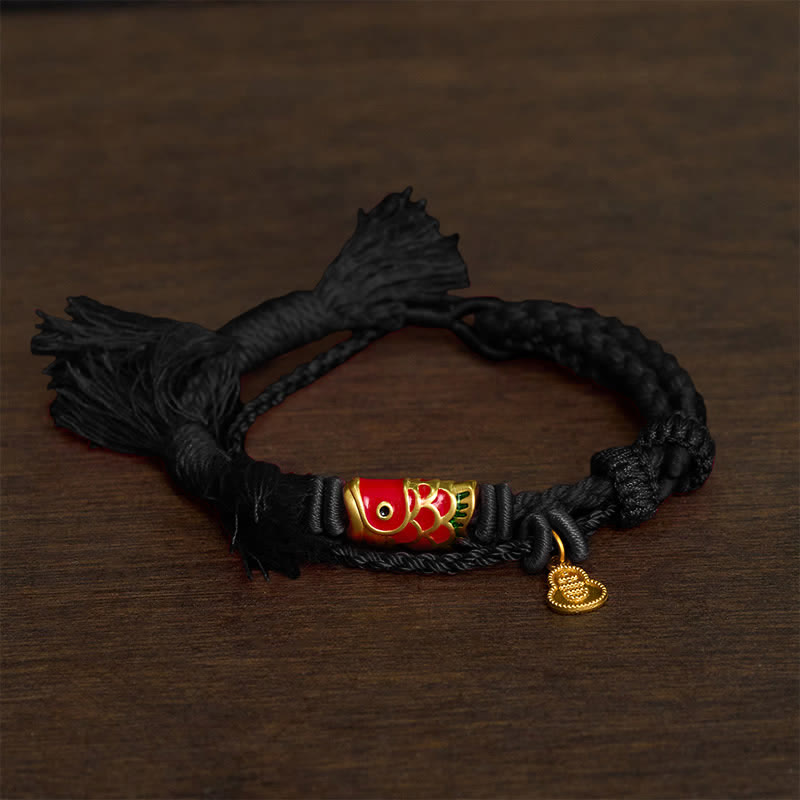 Buddha Stones Alloy Koi Fish Gourd Pendant Success Retro Double-Strand String Bracelet - black - image 5