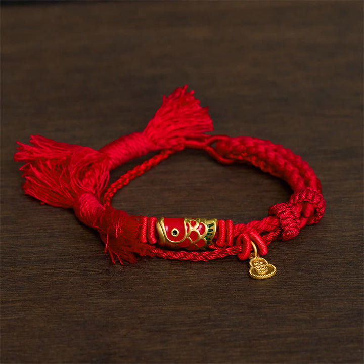 Buddha Stones Alloy Koi Fish Gourd Pendant Success Retro Double-Strand String Bracelet - red - image 4