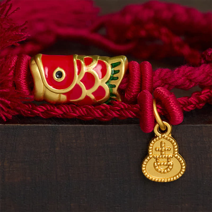 Buddha Stones Alloy Koi Fish Gourd Pendant Success Retro Double-Strand String Bracelet - image 3