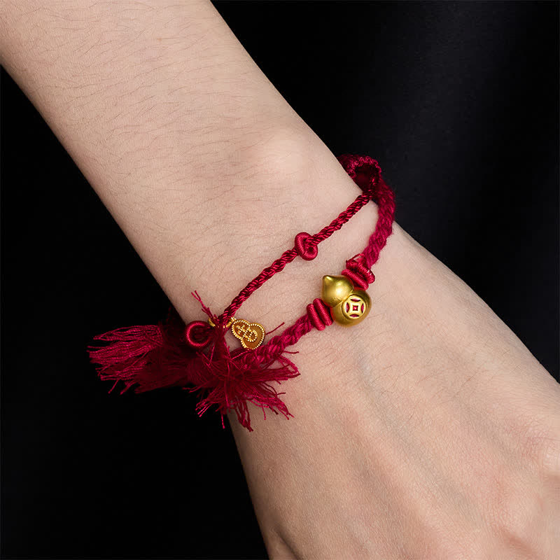 Buddha Stones Alloy Gourd Shaped Chinese Coin Gourd Pendant Wealth Double-Strand Red String Bracelet - image 2