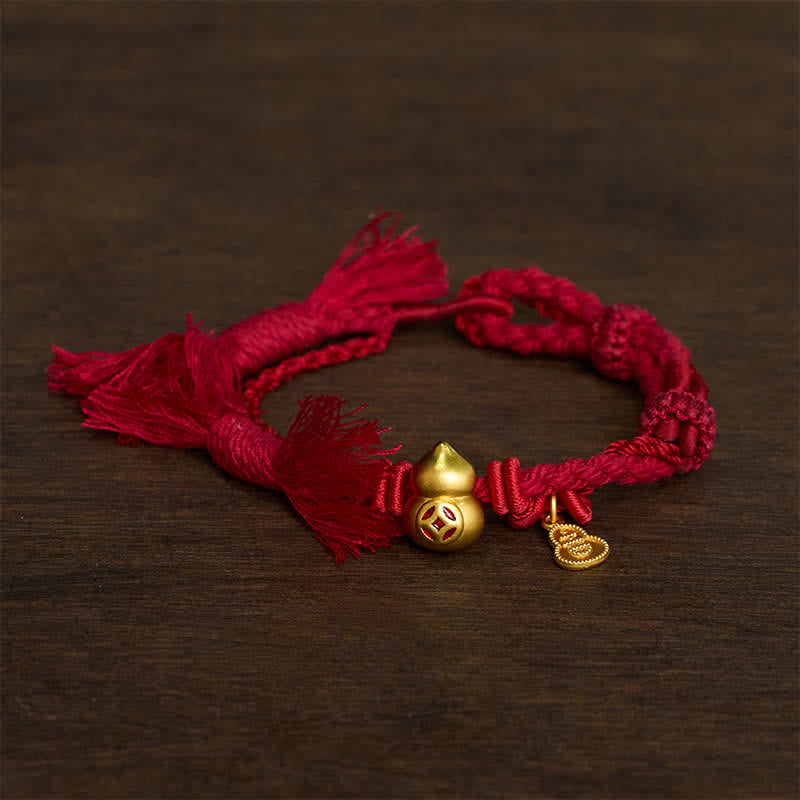 Buddha Stones Alloy Gourd Shaped Chinese Coin Gourd Pendant Wealth Double-Strand Red String Bracelet - wine red - image 0